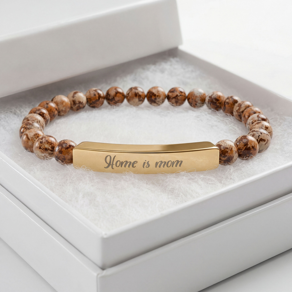 Home Is Mom Bracelet – 18K Gold PVD Engraved Bar with Natural Stone Beads | Meaningful Gift for Mom