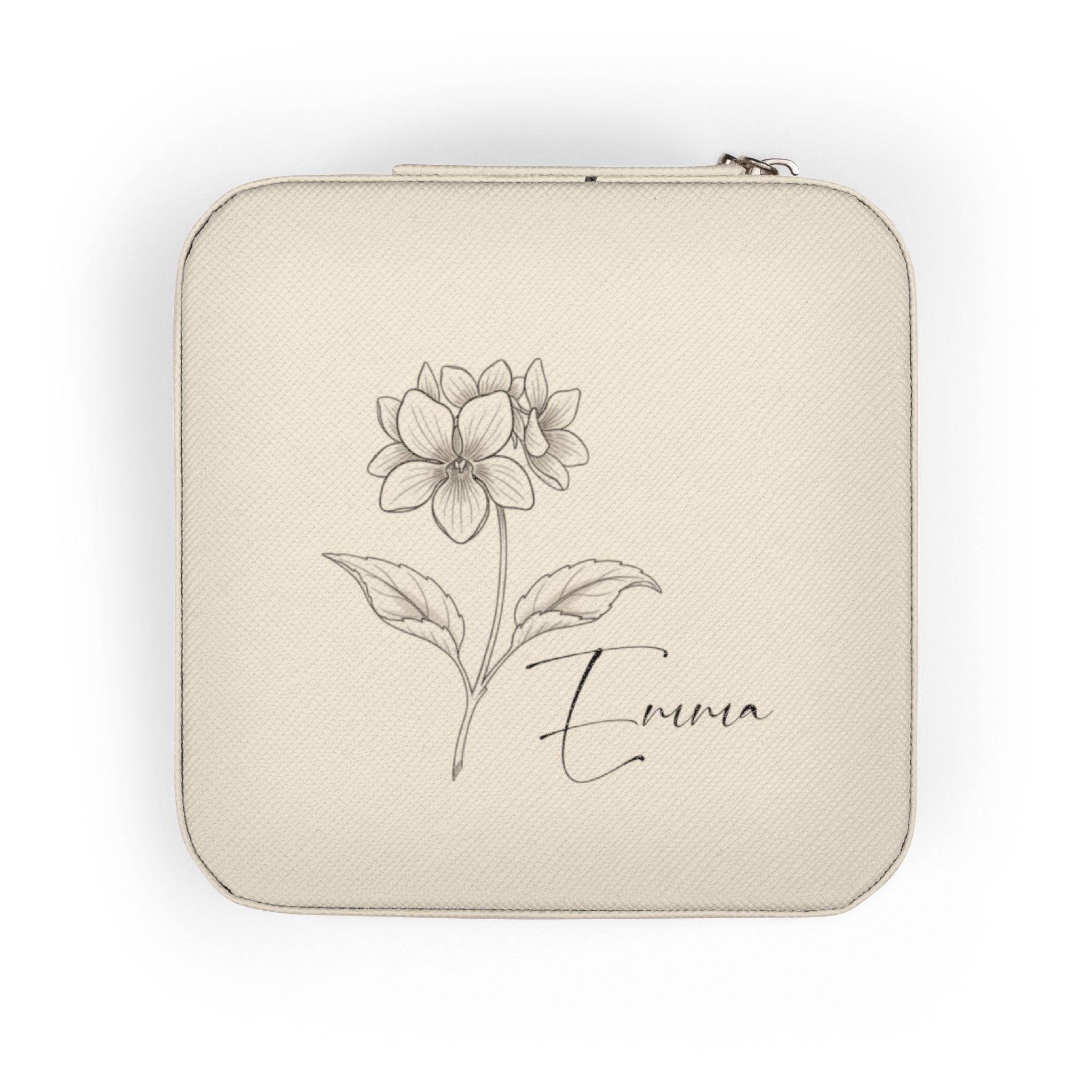 Custom Name Jewelry Travel Case – Birth Flower PU Leather Organizer for Rings, Earrings & Necklaces