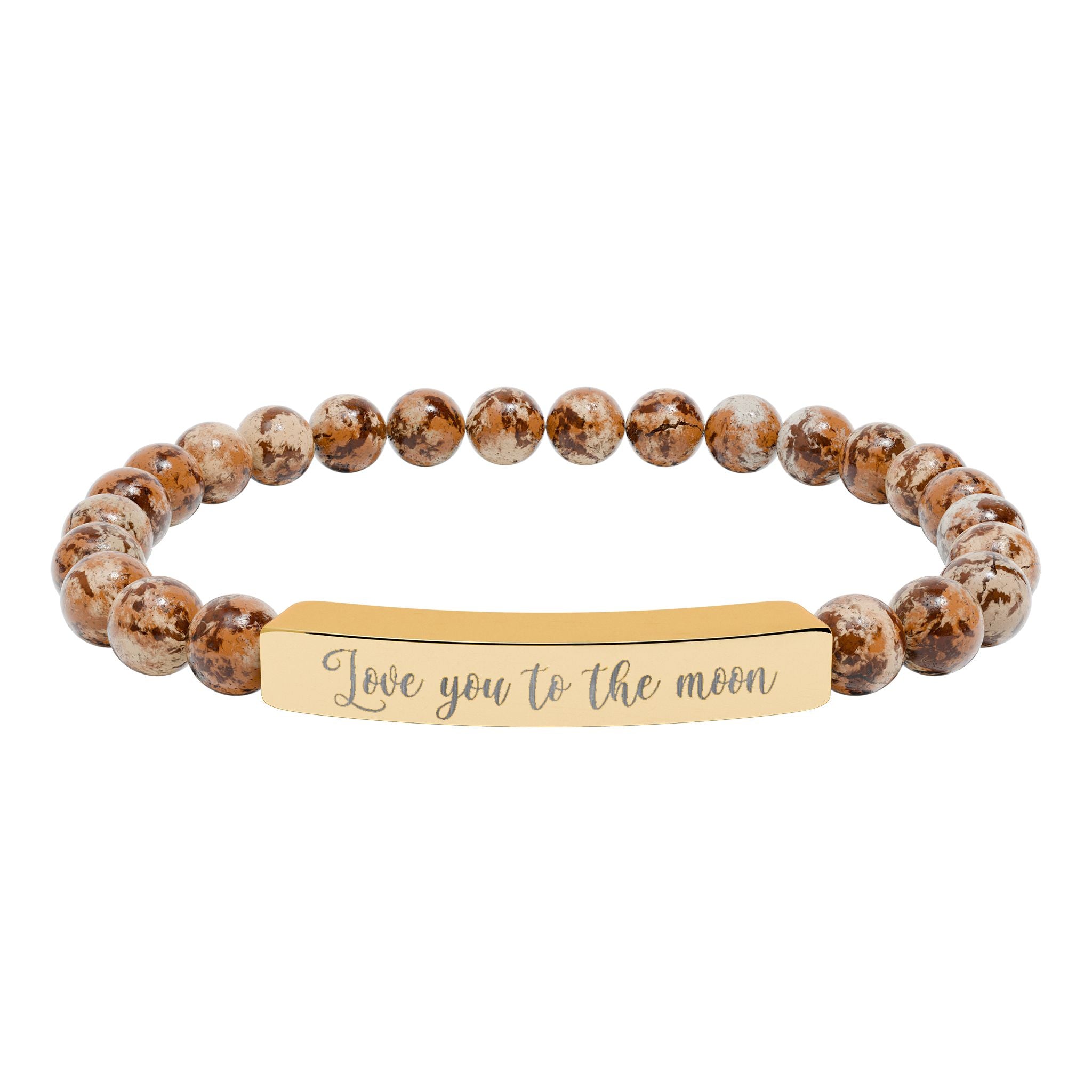 Love You to the Moon Bracelet – 18K Gold PVD Engraved Bar with Natural Stone Beads | Meaningful Gift for Her/Him