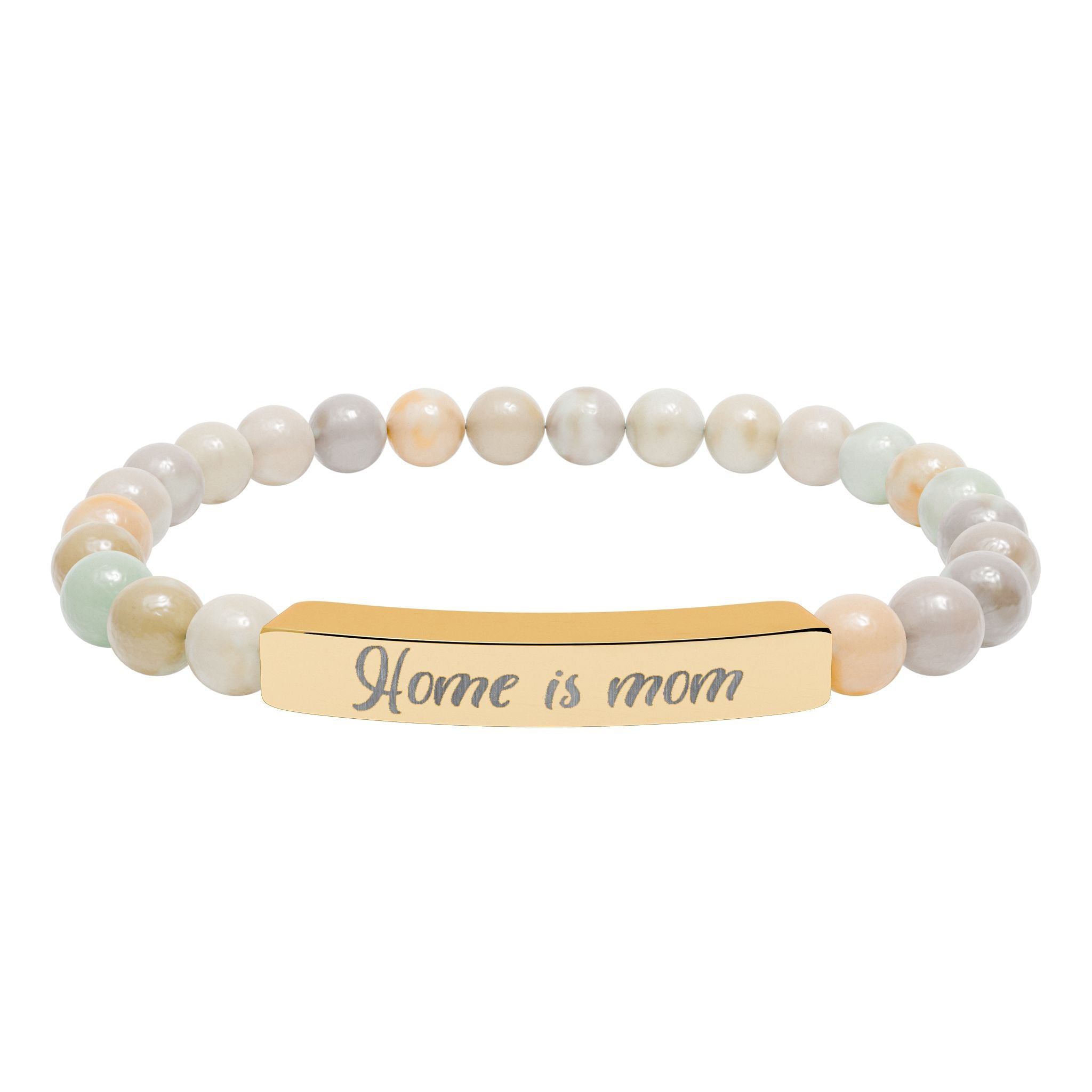 Home Is Mom Bracelet – 18K Gold PVD Engraved Bar with Natural Stone Beads | Meaningful Gift for Mom