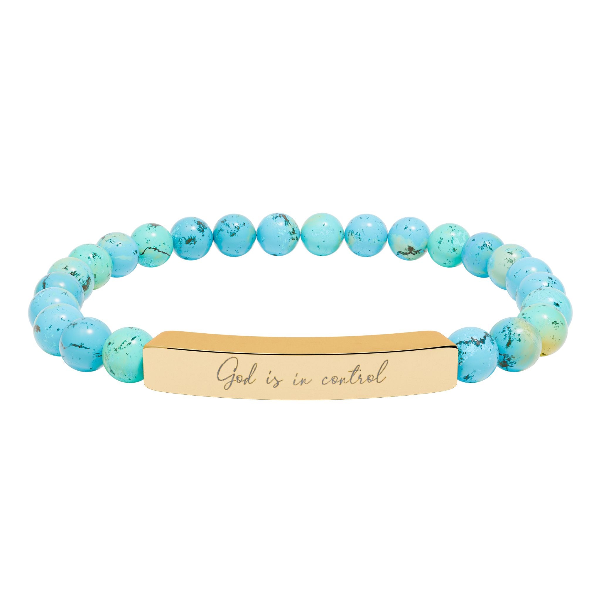 God Is in Control Bracelet – 18K Gold PVD Engraved Bar with Natural Stone Beads | Christian Gift for Women & Men