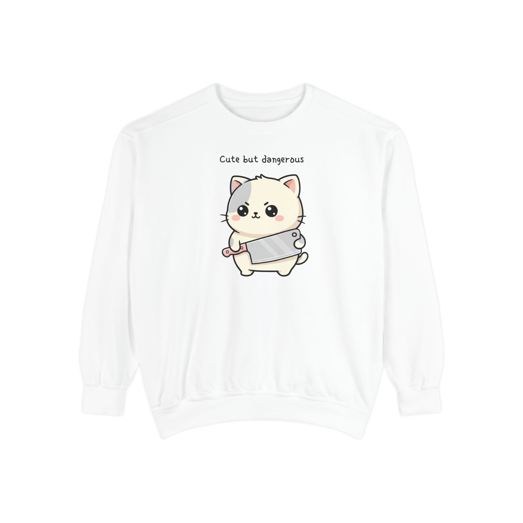 Cute Cat Sweatshirt – “Cute but Dangerous” Unisex Garment-Dyed Apparel