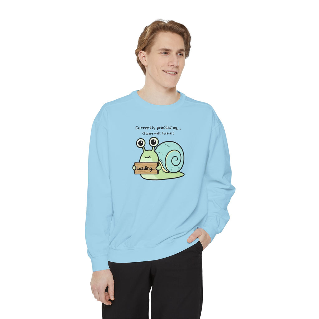 Funny Snail Sweatshirt – “Currently Processing… Please Wait Forever” Unisex Relaxed Fit Apparel