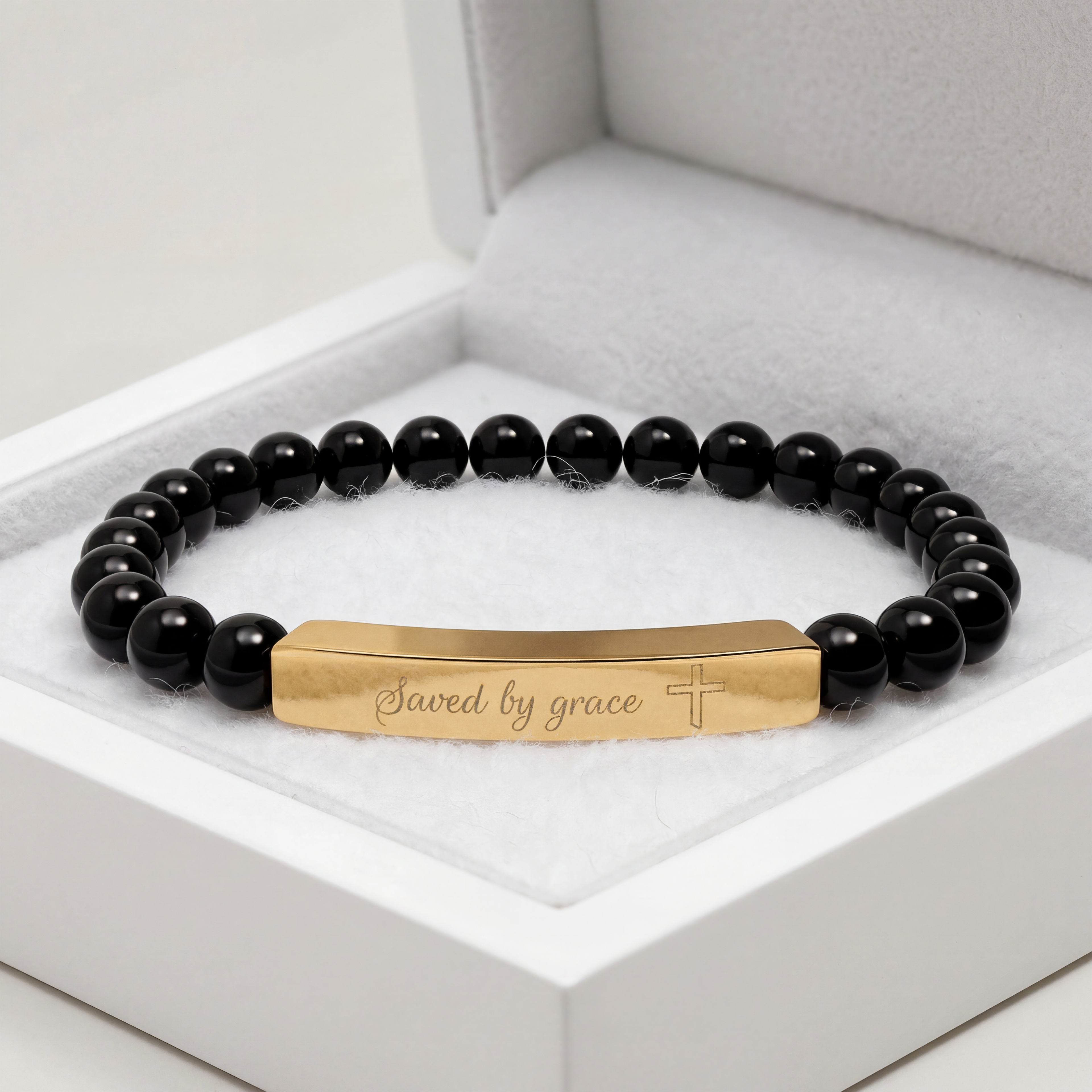 Saved by Grace Bracelet – 18K Gold PVD Engraved Bar with Natural Stone Beads | Christian Gift for Women & Men