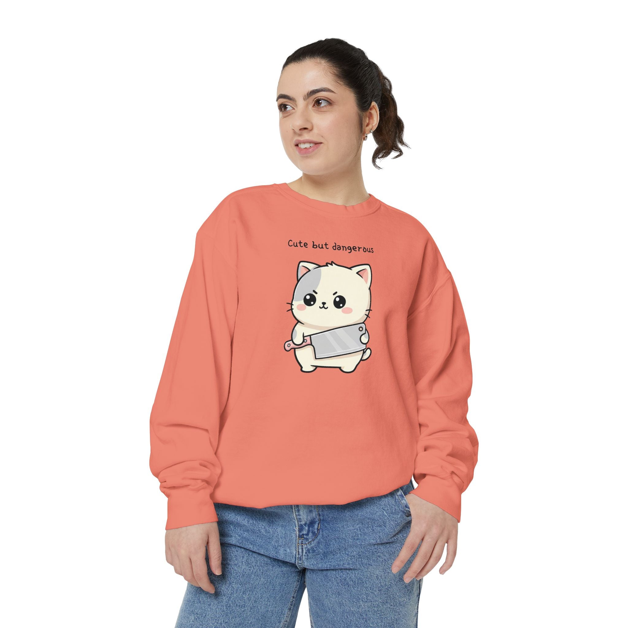 Cute Cat Sweatshirt – “Cute but Dangerous” Unisex Garment-Dyed Apparel