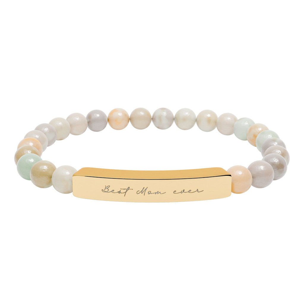 Best Mom Ever Bracelet – 18K Gold PVD Engraved Bar with Natural Stone Beads | Gift for Mom