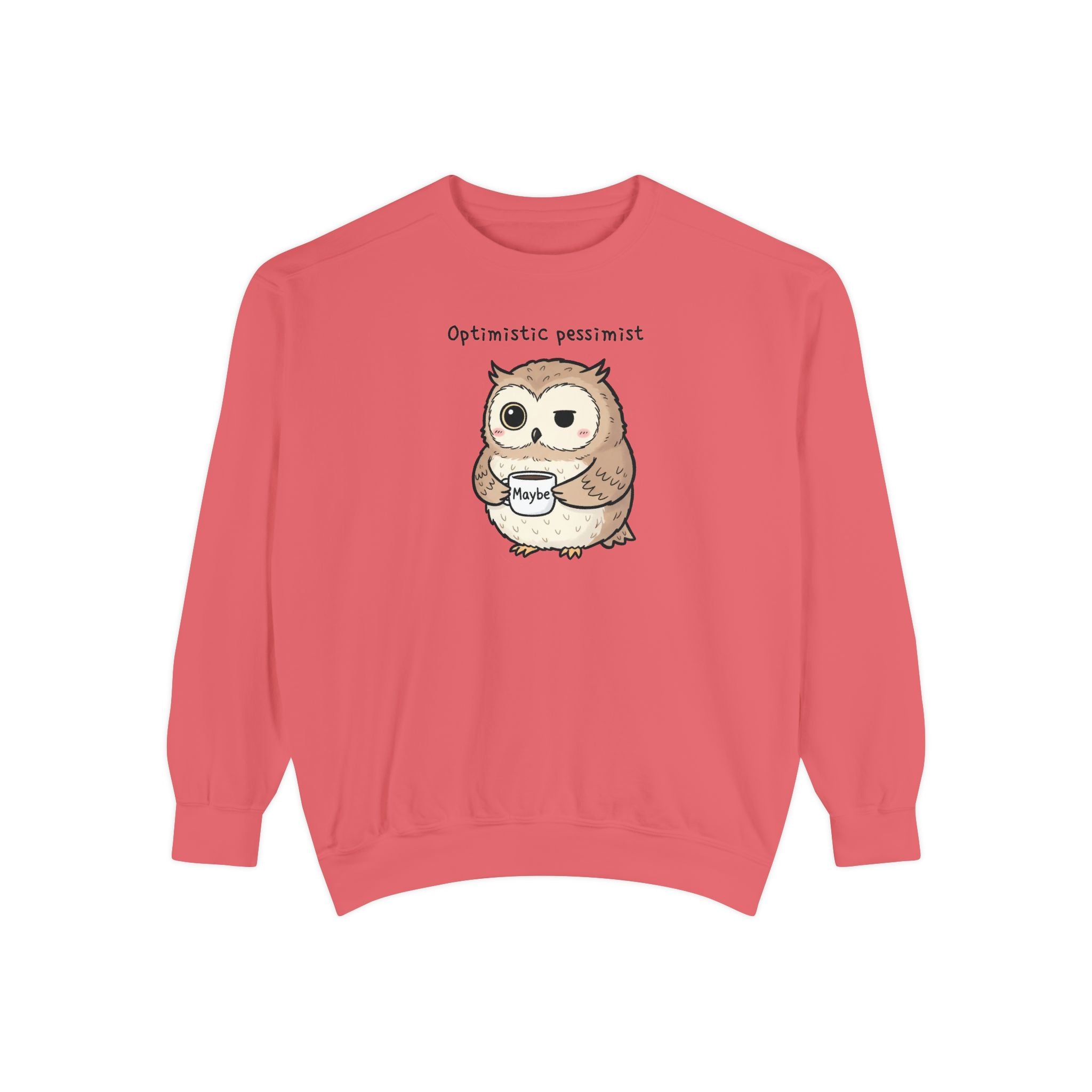 Doubtful Owl Sweatshirt – “Optimistic Pessimist (Maybe)” Unisex Garment-Dyed Apparel