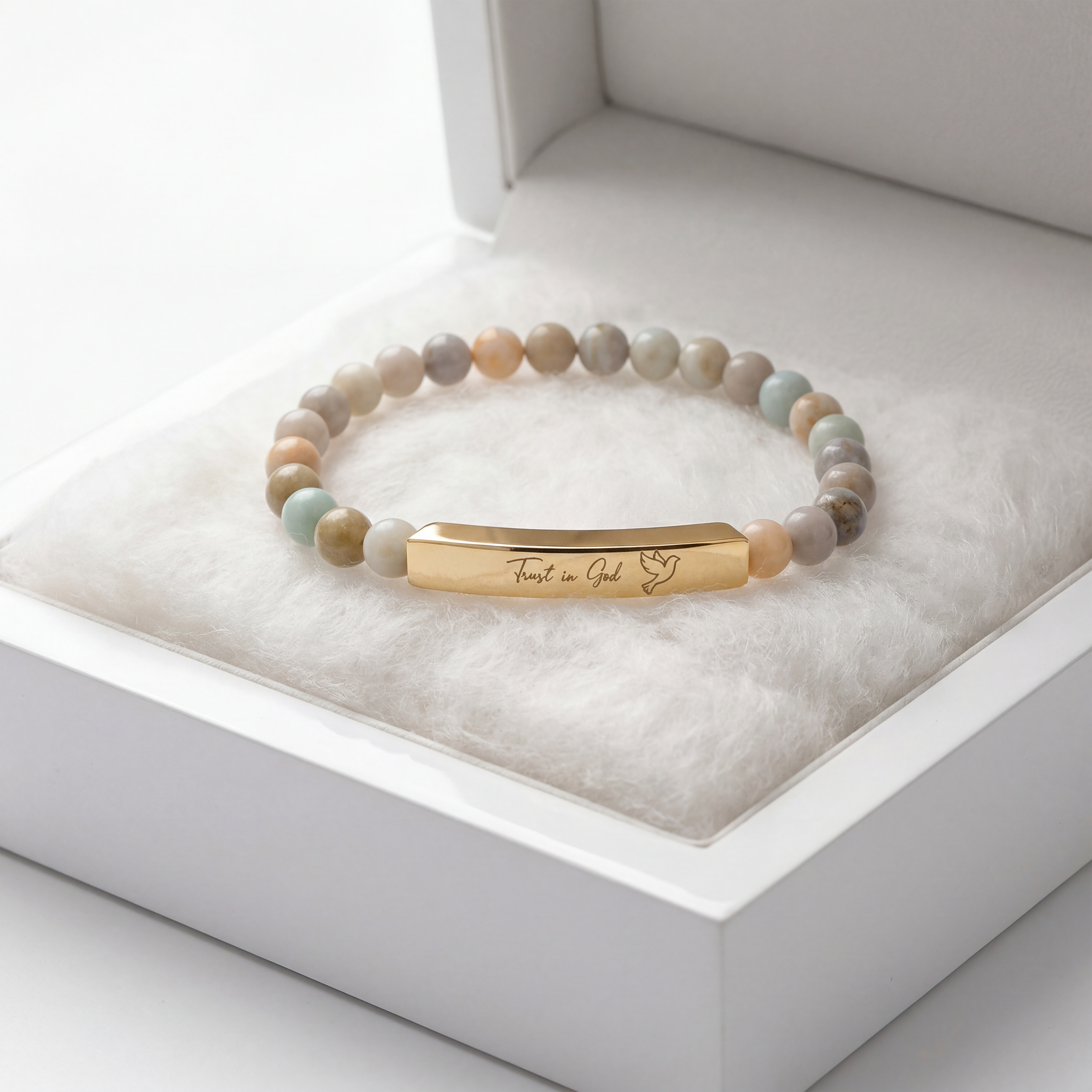 Trust in God Bracelet – 18K Gold PVD Engraved Bar with Natural Stone Beads | Christian Gift for Women & Men