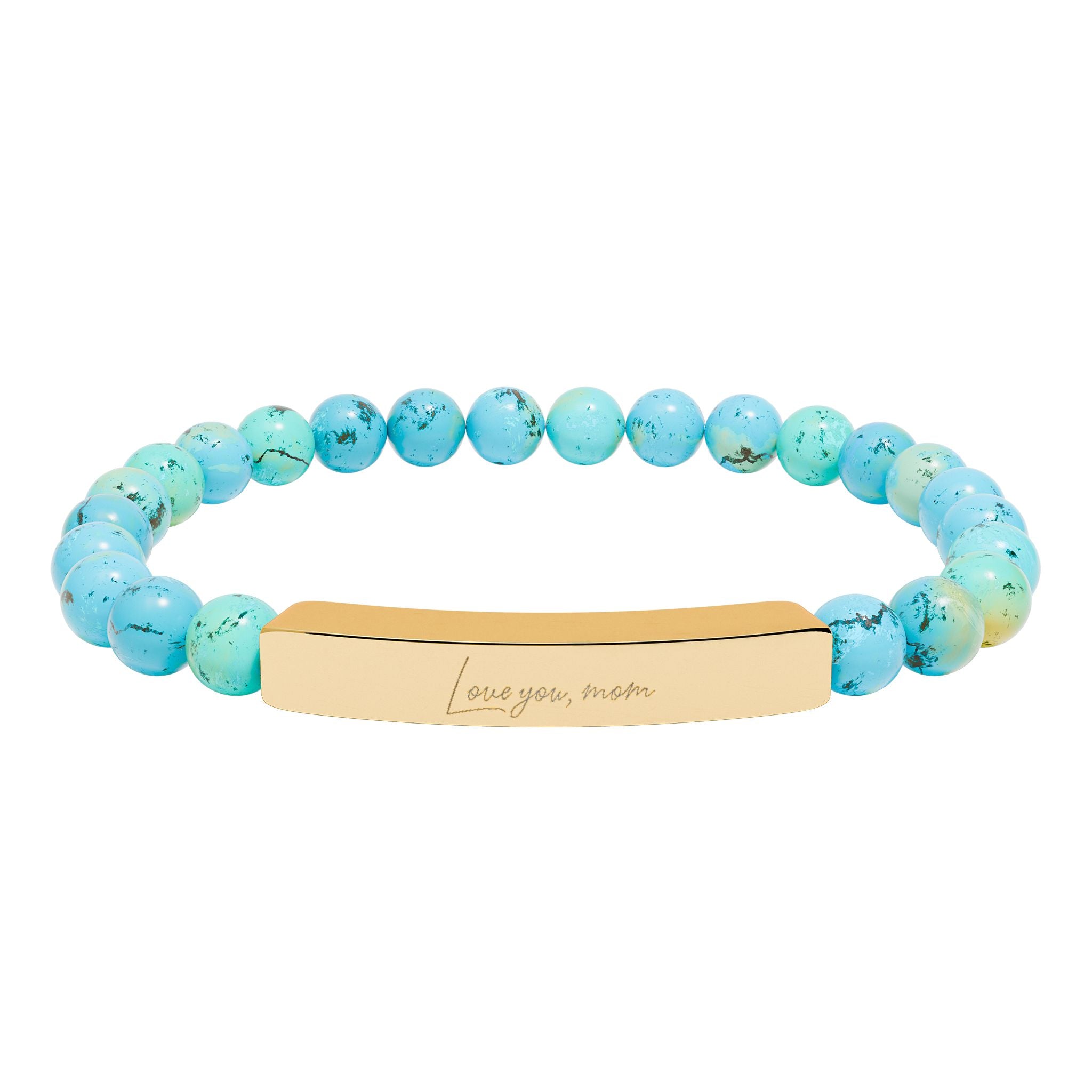 Love You Mom Bracelet – 18K Gold PVD Engraved Bar with Natural Stone Beads | Gift for Mom