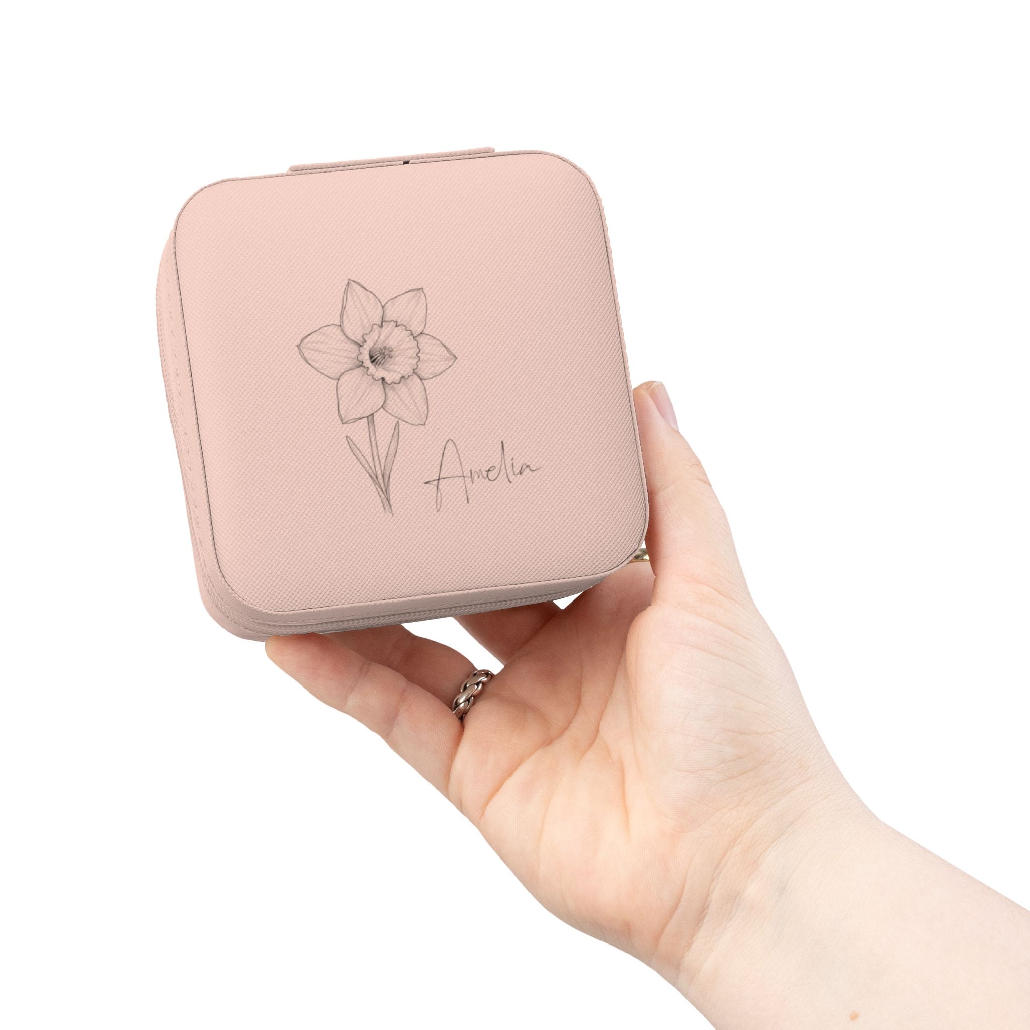 Travel Jewelry Case Personalized with Birth Flower & Name – Compact Organizer for Rings, Chains & Earrings