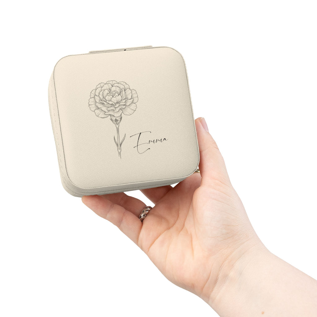 Personalized Jewelry Travel Organizer with Name & Birth Flower – Compact PU Leather Case for Rings & Necklaces