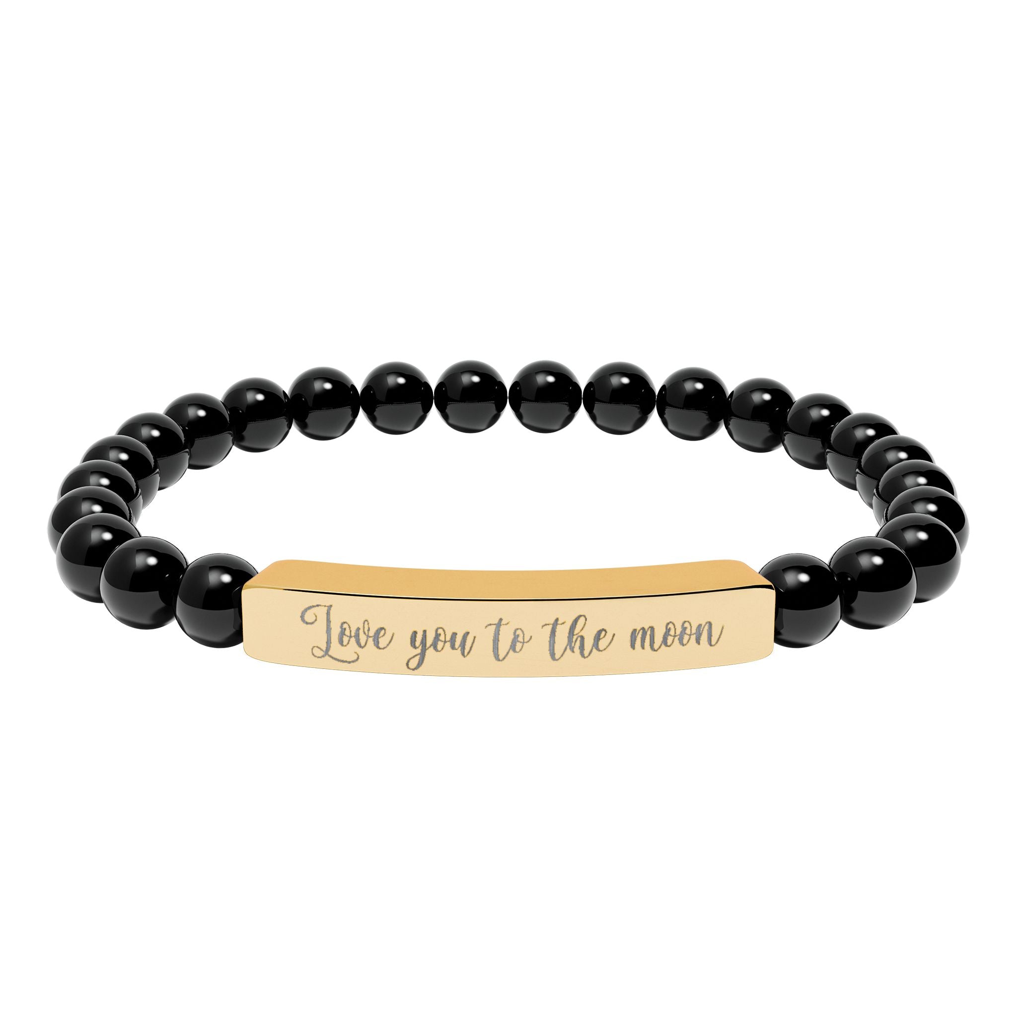 Love You to the Moon Bracelet – 18K Gold PVD Engraved Bar with Natural Stone Beads | Meaningful Gift for Her/Him