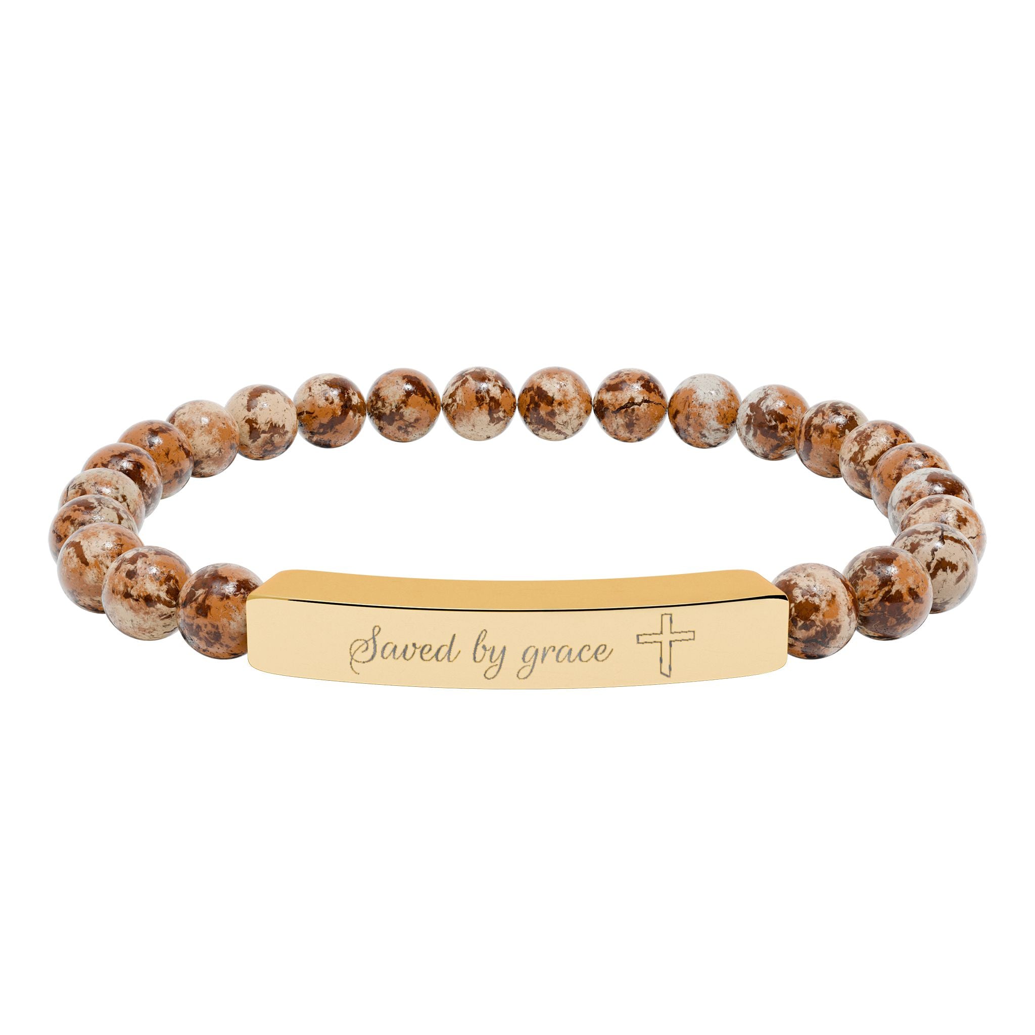 Saved by Grace Bracelet – 18K Gold PVD Engraved Bar with Natural Stone Beads | Christian Gift for Women & Men