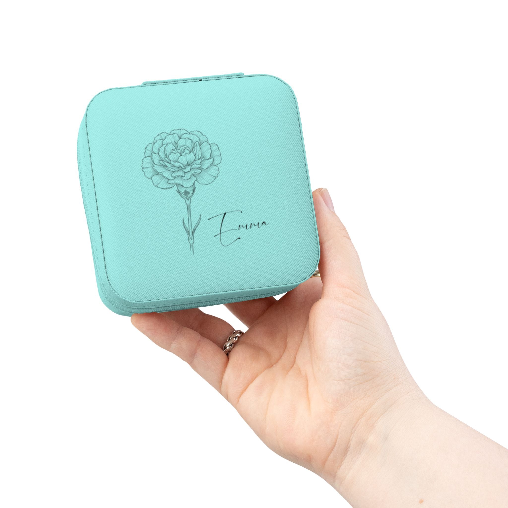 Personalized Jewelry Travel Organizer with Name & Birth Flower – Compact PU Leather Case for Rings & Necklaces