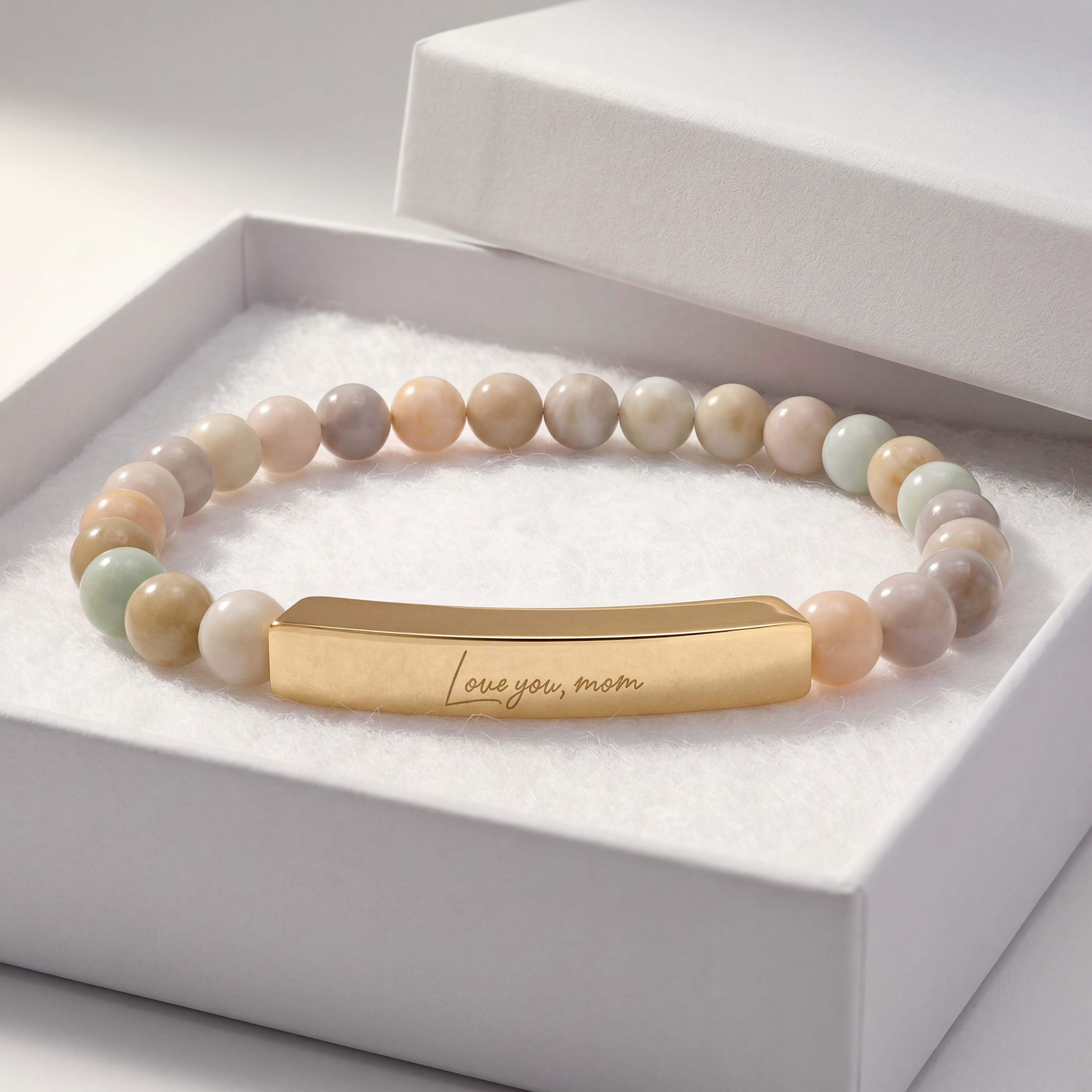 Love You Mom Bracelet – 18K Gold PVD Engraved Bar with Natural Stone Beads | Gift for Mom